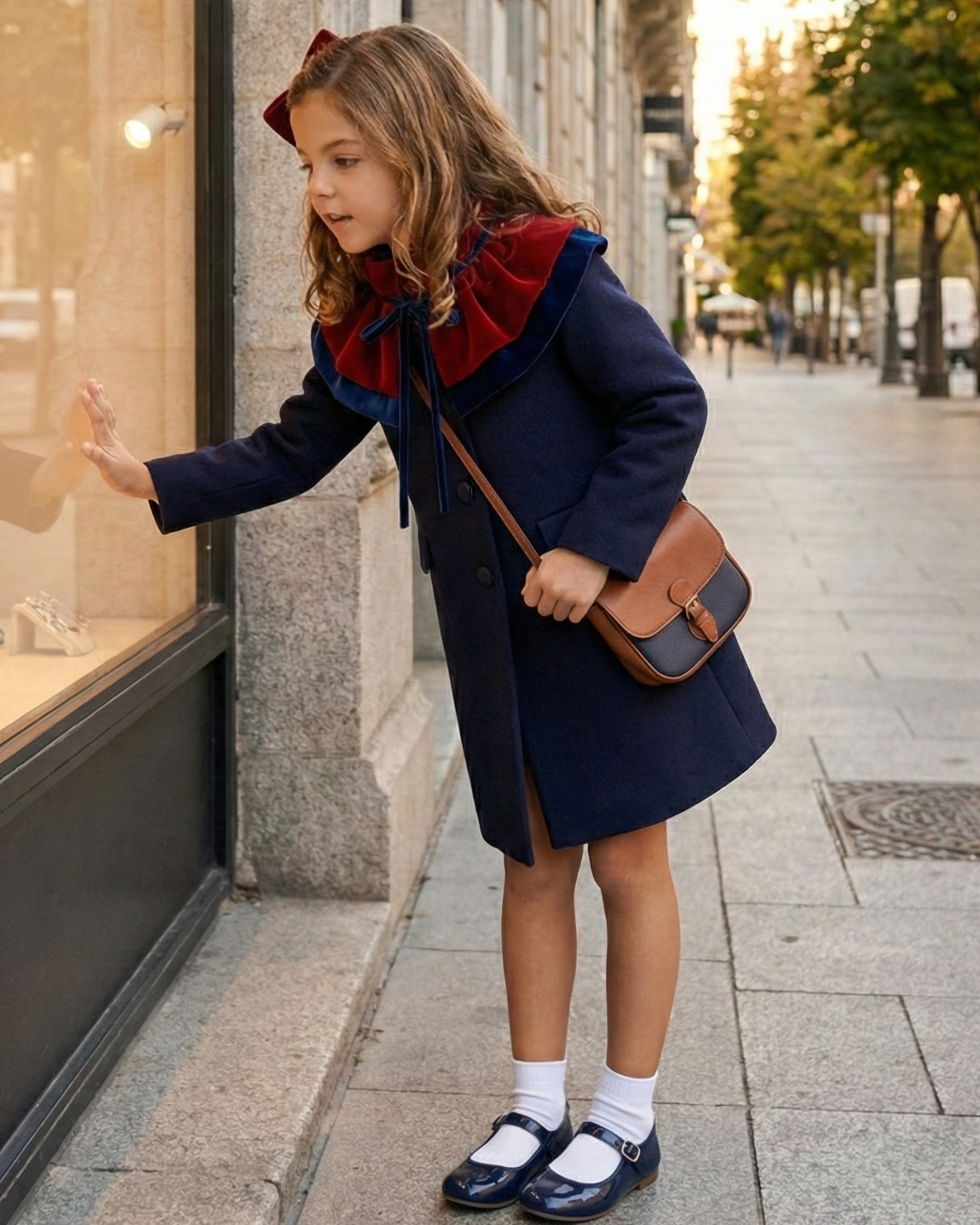 Cuello Ondine bebé - niña · Terciopelo rojo y azul empolvado