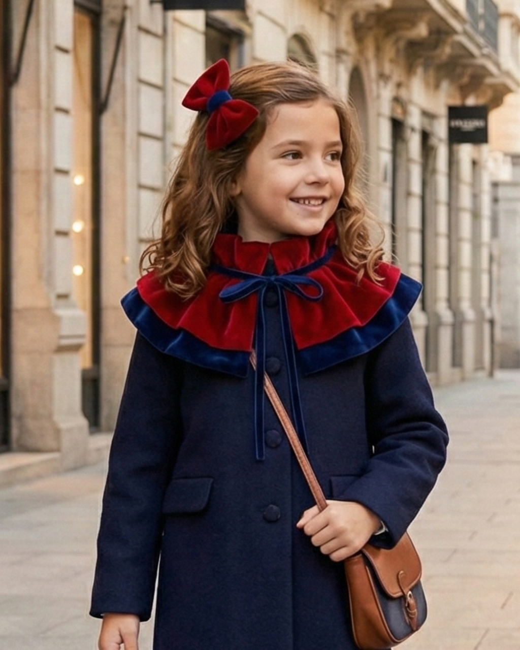 Cuello Ondine bebé - niña · Terciopelo rojo y azul empolvado