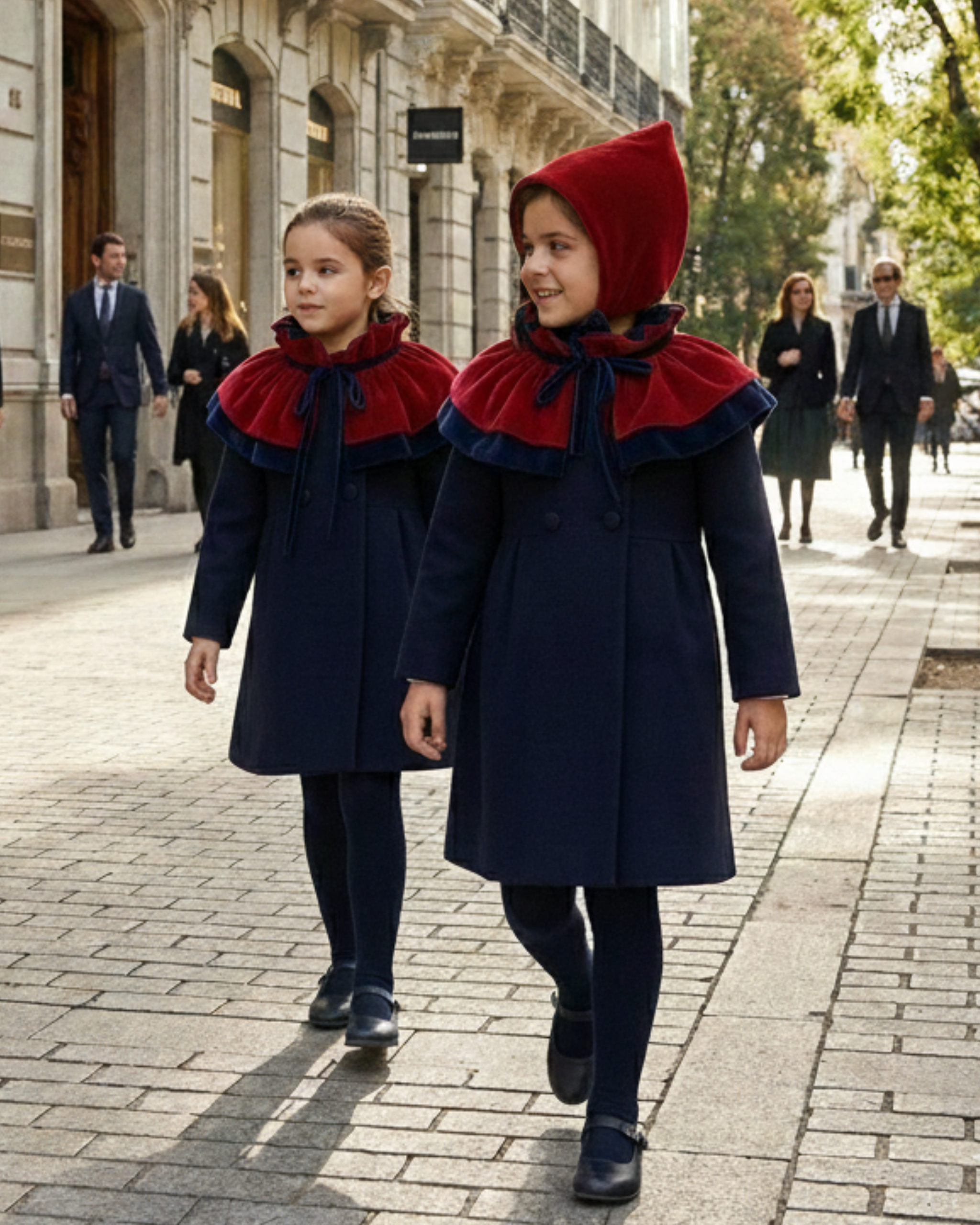 Capota Odette ·NIÑA· terciopelo rojo y azul empolvado (reversible)