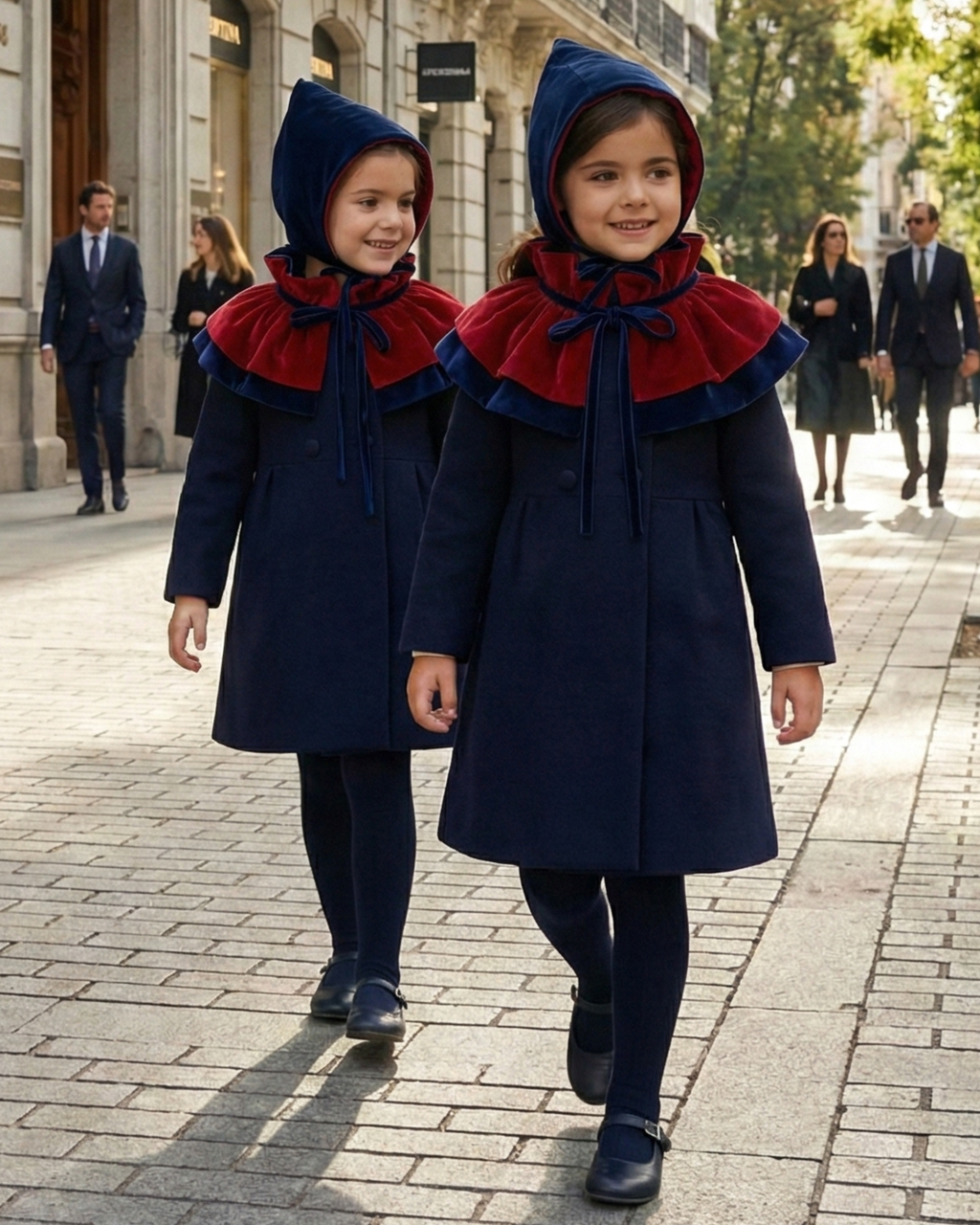 Capota Odette ·NIÑA· terciopelo rojo y azul empolvado (reversible)