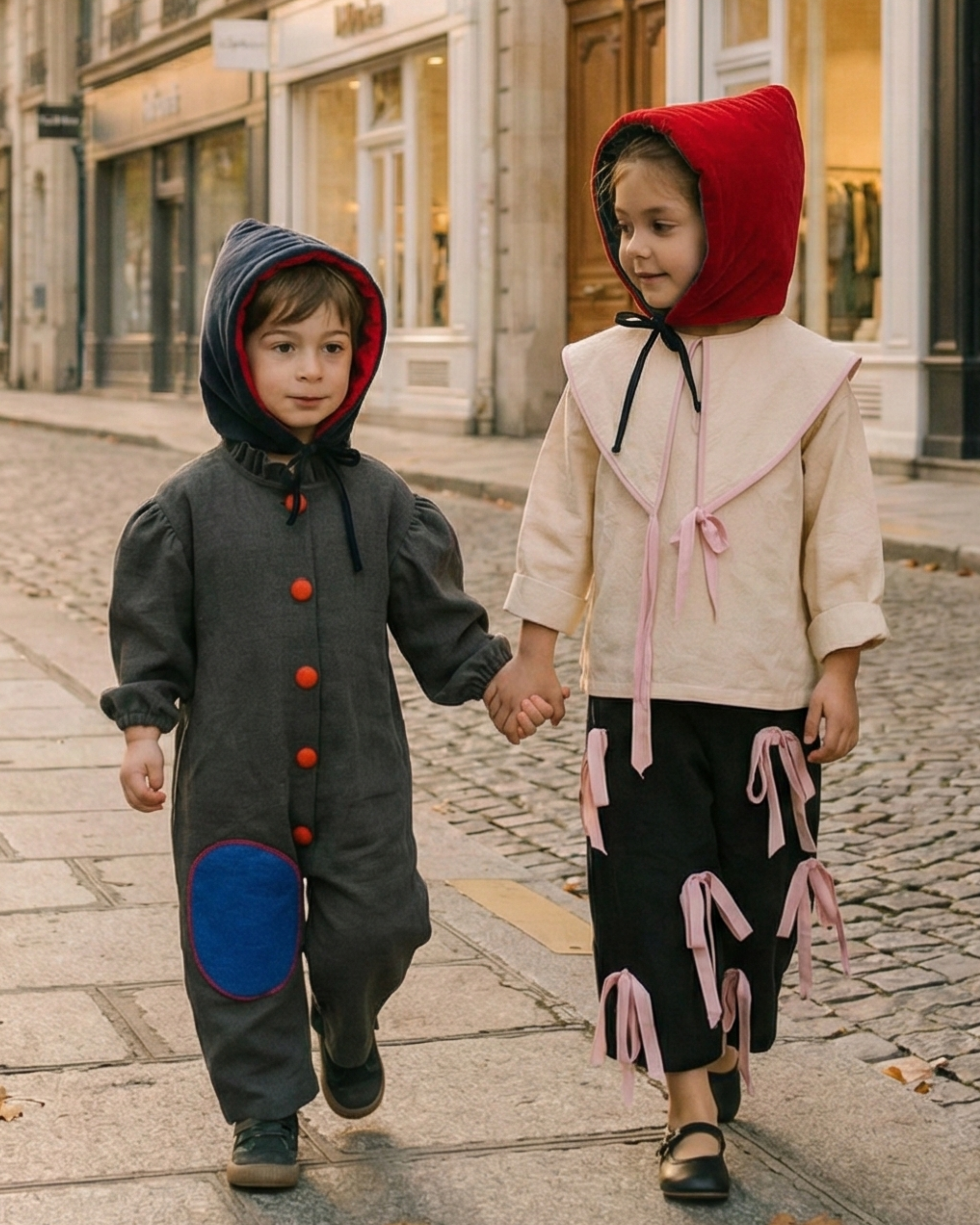 Capota Odette ·NIÑA· terciopelo rojo y azul empolvado (reversible)