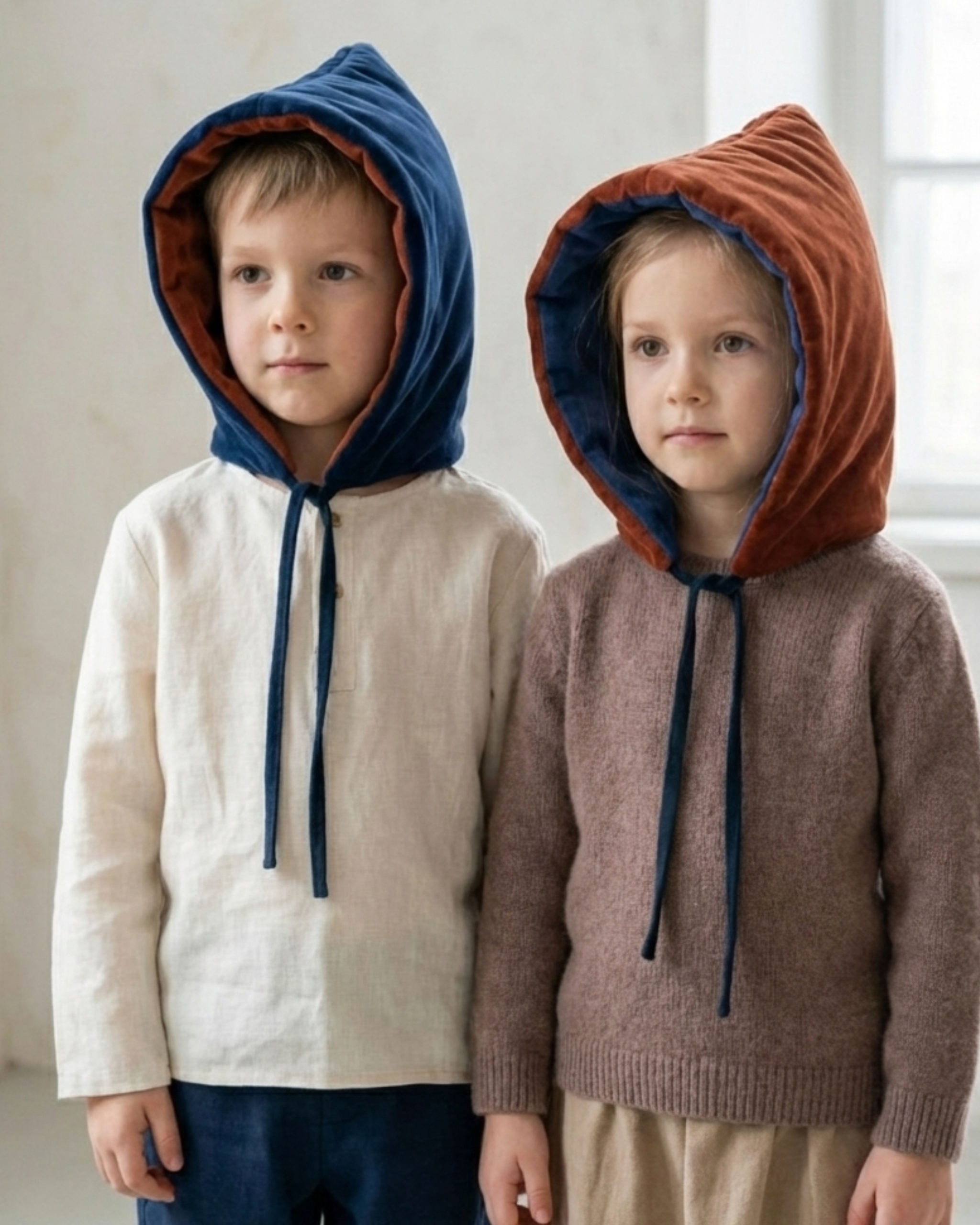 Capota Odette · NIÑA · terciopelo caldero y azul marino · reversible