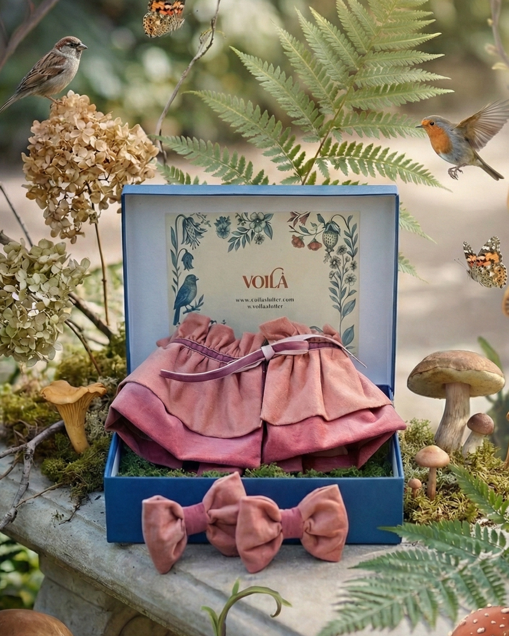 Set velvet rosa y berenjena - cuello ondine y lazos coquette