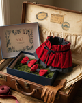Set velvet rojo y azul – Cuello Ondine + Lazos Coqutette